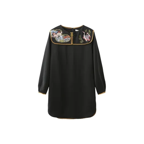 JI CHENG Черное Женское Длинное Платье с Длинным Рукавом