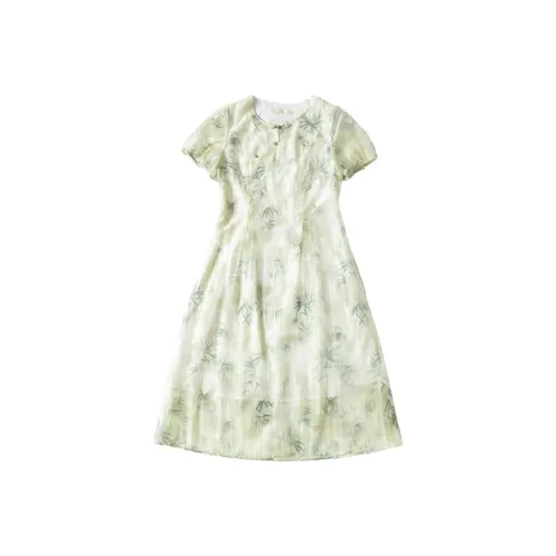 HONGNIAN Короткий рукав Платье Женское Желтый Зеленый