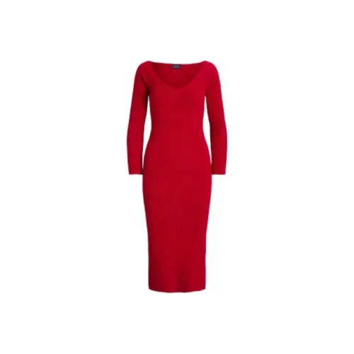 Polo Ralph Lauren FW22 Длинное Платье с Длинными Рукавами Женское Красное