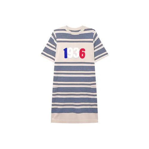 LOUISY AO Короткий рукав Платье Женское Абрикосовые Синие полосы