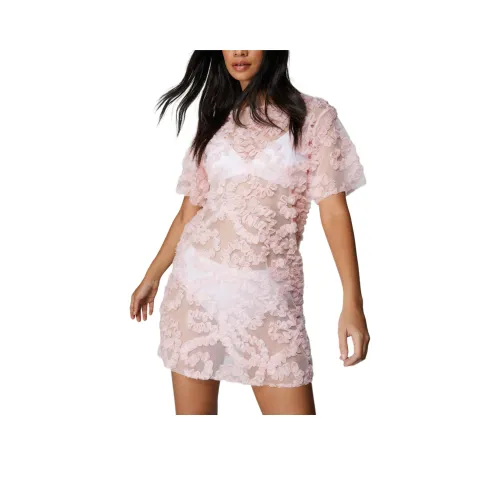 NASTY GAL Кружево Вышитое Прозрачное Мини Платье Короткий Рукав Женское Розовое
