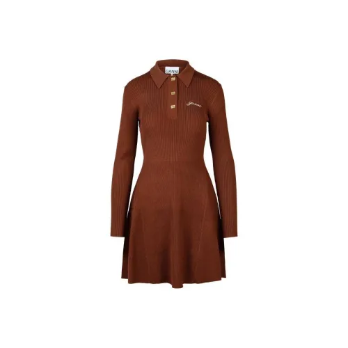 GANNI Длинное платье с длинными рукавами женское коричневое