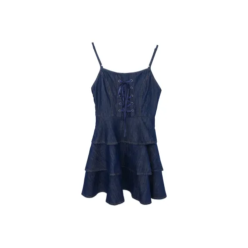 Linjou Джинсовое синее платье-камзол с кружевной вставкой, женские слиплатья