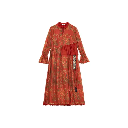 Gichugure Длинное платье с длинными рукавами женское с красными цветами