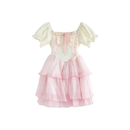 9 Кошка Лакомства Палочки Короткий рукав Платье Женские Слоновая кость