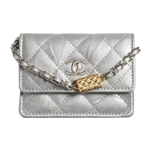 CHANEL Кожа Держатель для карт Монетница Сумка через плечо Женская серебряная
