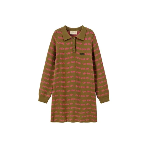 NO ONE ELSE Длинное платье с длинными рукавами женское горчично-зеленый