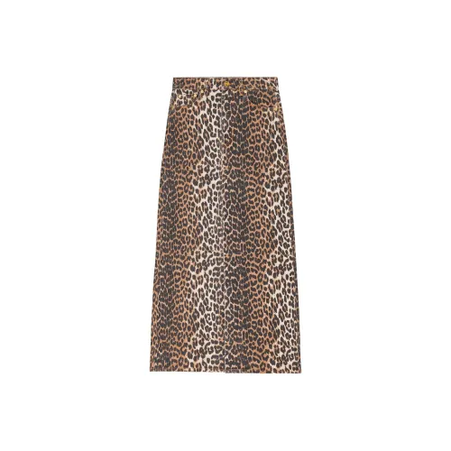 GANNI SS24 Denim Long Skirt Women's Leopard Print