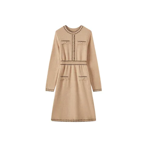 EICHITOO Длинное платье с длинными рукавами женское хаки и с узором