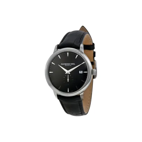 Raymond Weil Кварцевый механизм Мужские часы Часы 39 мм Черный циферблат Корпус из нержавеющей стали Ремешок из коровьей кожи