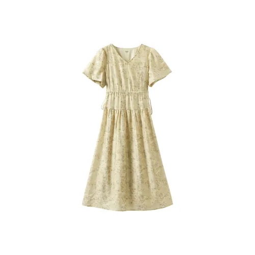 Inman Короткий рукав Платье Женское Желтый Зеленый