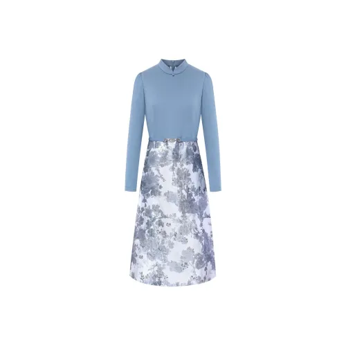 BBLLUUEE Длинный рукав Платье Женское Облачный серый Синий