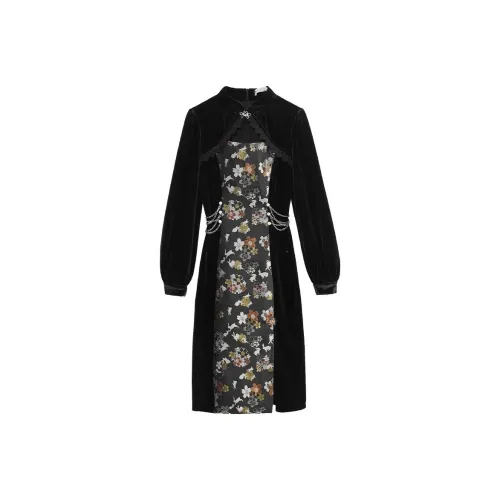 JK&JS Черное Женское Длинное Платье с Рукавами