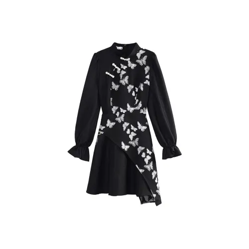 JK&JS Черное Женское Длинное Платье с Рукавами