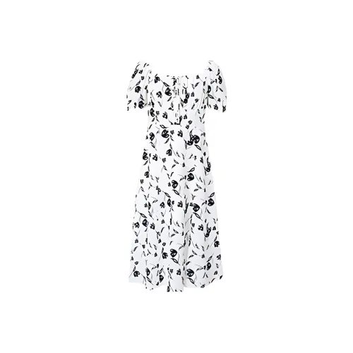 Hopeshow Короткий рукав платье женское бежевый с черными цветами