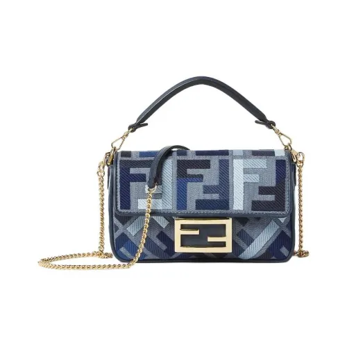 FENDI Baguette MiniСумка Из Холщовой Ткани Синего Цвета С Вышивкой FF