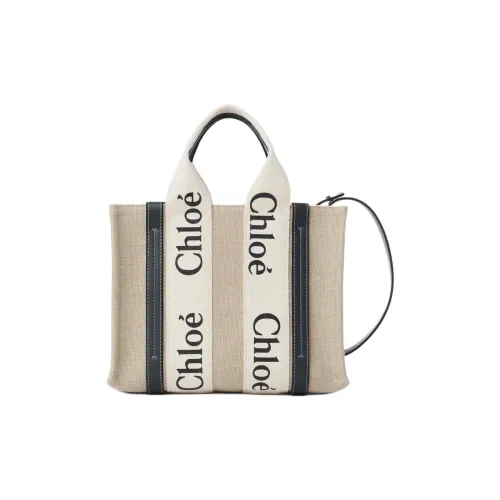 Chloe Woody Linen Tote Bag Shopping Bag Shoulder Bag Handbag Small Women's White Blue