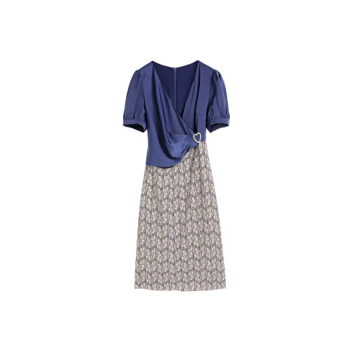 Hang Yi Court Короткий рукав платье женское сапфирово-синий