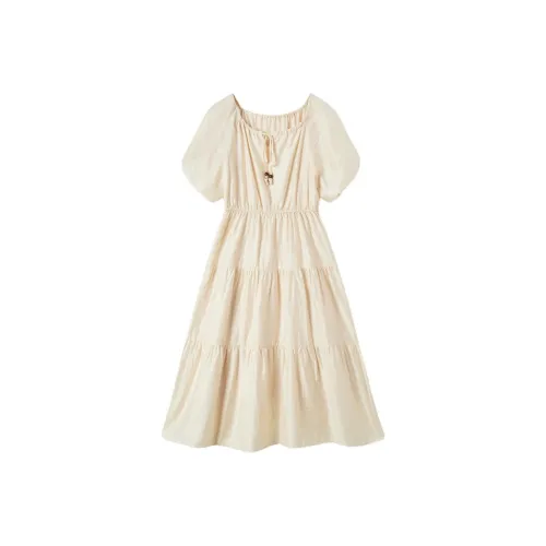 EICHITOO SS24 Короткое платье с короткими рукавами женское бежево-желтое