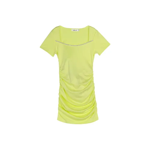 Leather Cat Желтое Женское Короткое Платье с Рукавами