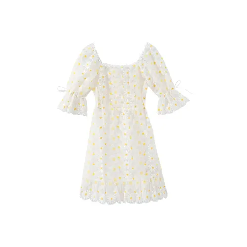 YUMOMO STAR Короткий рукав Платье Женское Белое Подкладочная ткань Оранжевый Желтый Цветочный дизайн