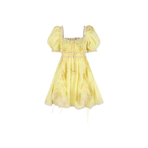 Selkie Коллекция x Bridgerton FW24 Короткое платье с короткими рукавами женское желтое основа с принтом "Мимоза"