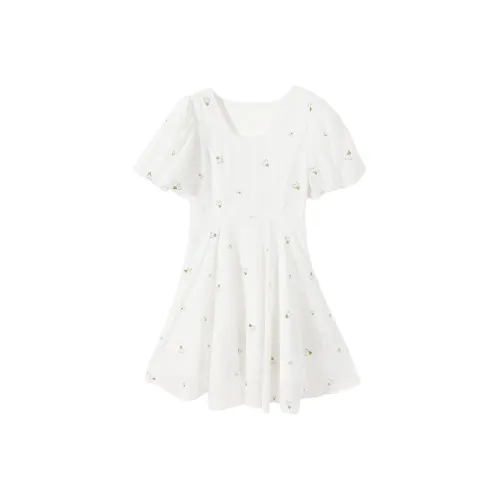 EICHITOO Короткий рукав Платье Женское Натуральный белый Узор