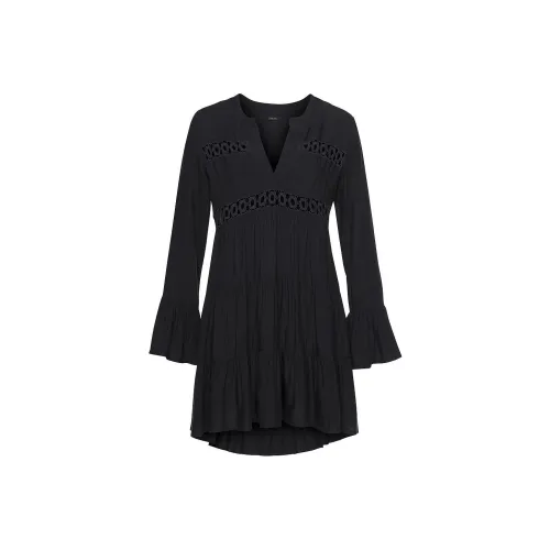 Victoria's Secret LASCANA Короткий V-образный вырез с рюшами Платье Черное длинное рукавное Платье Женское Черное