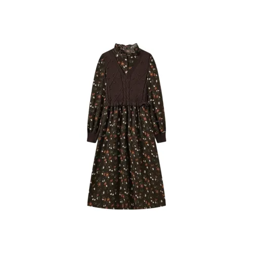 EICHITOO Длинное платье с длинными рукавами женское темно-коричневый узор