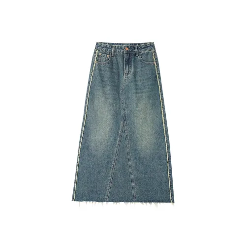 OUNIXUE Denim Long Skirt Women's Vintage Blue OUNIXUE Деним Длинная Юбка Женская Винтажный Синий