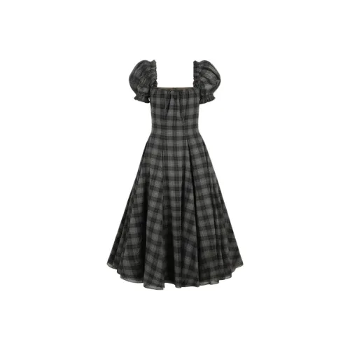 Selkie Коллекция FW24 Короткий рукав Платье Женское Серо-белая клетка с принтом