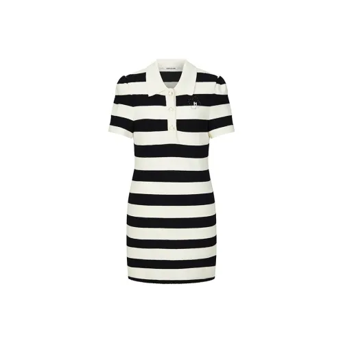 HERLIAN Короткий рукав платье женское черно-белые полосы