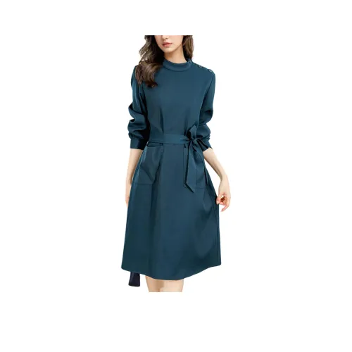 Wbwq Длинное платье с длинными рукавами женское павлин синий