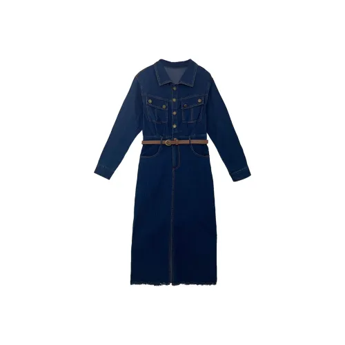 Icicofficial Длинное платье с длинными рукавами женское синее