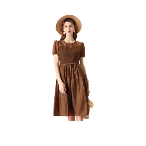 FENHONGMALI Короткий рукав Платье Женское Кофейное