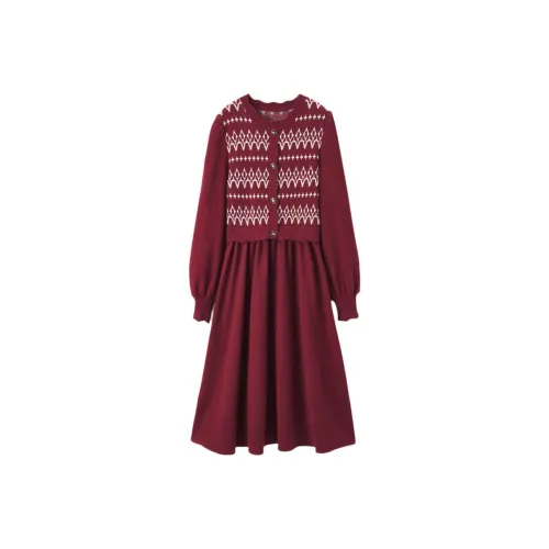 EICHITOO Длинное платье с длинными рукавами женское темно-красный цветочный