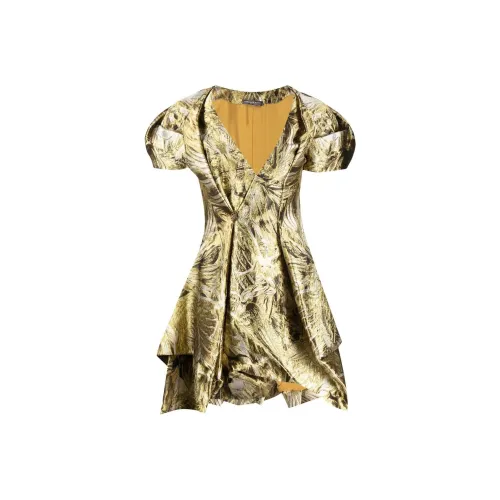 Alexander McQueen Золотые Женские Короткие Платья с Рукавами