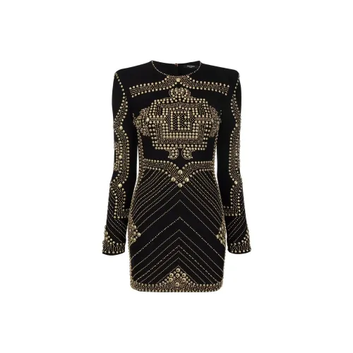 BALMAIN Черное Женское Длинное Платье с Рукавами