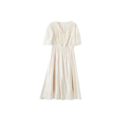 XIANGYING Короткий рукав Платье Женское Бежевое