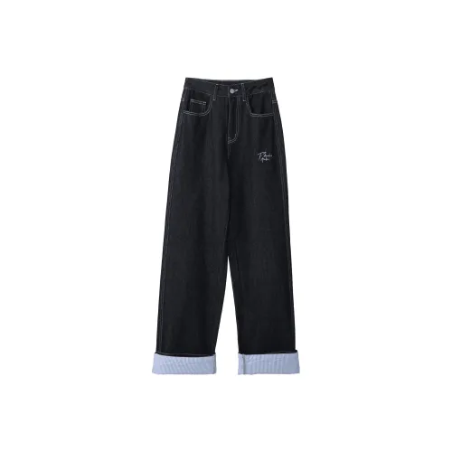 Fstudio Полосатые С подворотом Джинсы Женские Темно-синие