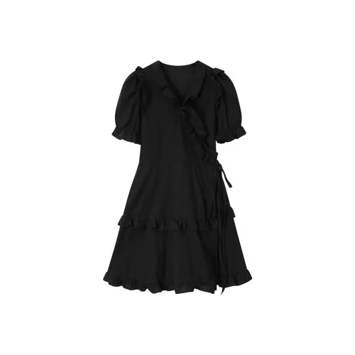 Mu Qingqing Короткий рукав Платье Женское Черное