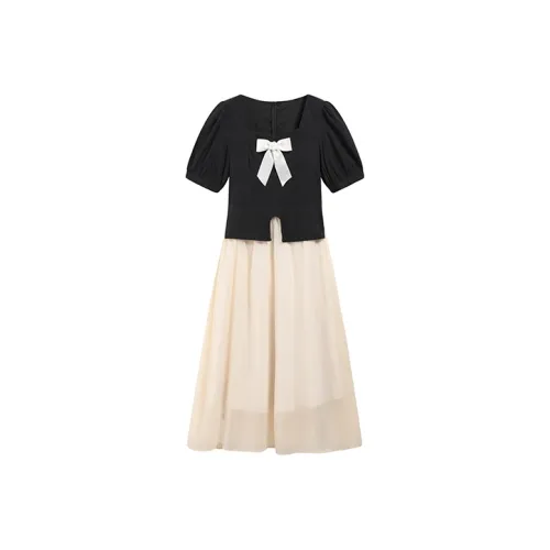 MOPB Короткий рукав Платье Женское Набор в подарочной коробке Включено Черный Бежевый