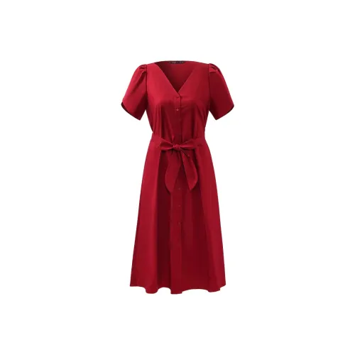 GOELIA Короткий рукав Платье Женское Перечно-красное