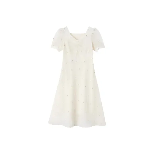 EICHITOO SS24 Короткий рукав Платье Женское Экрю с узором
