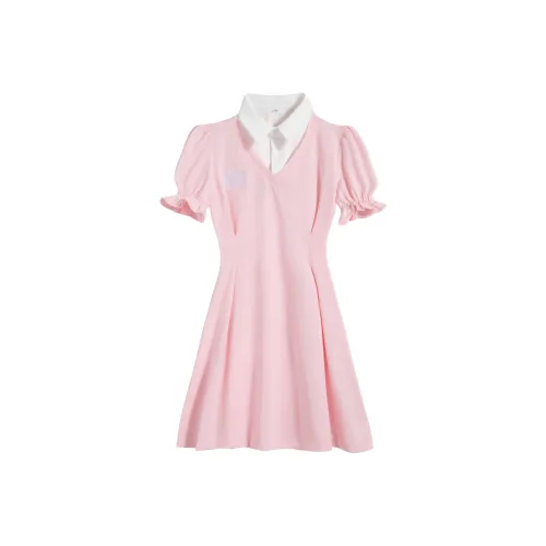 9 Кошка Лакомства Палочки Короткий рукав Платье Женское Розовый