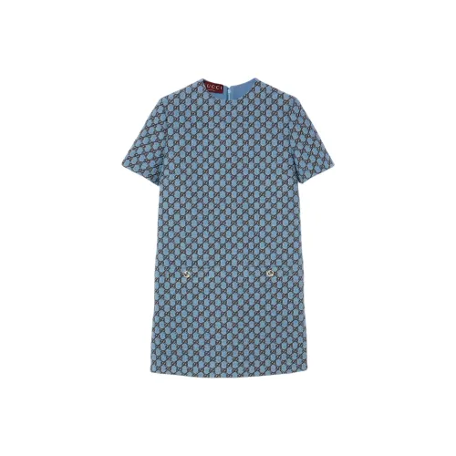 GUCCI Bouclé Шерсть Платье с GG Shadow Короткий Рукав Платье Женское Синее
