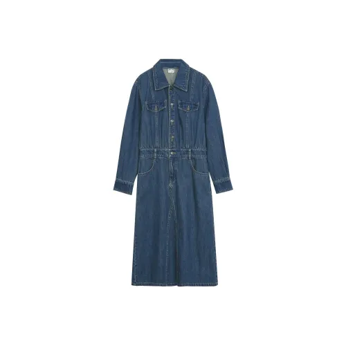 Omont Длинное платье с длинными рукавами женское джинсовый синий