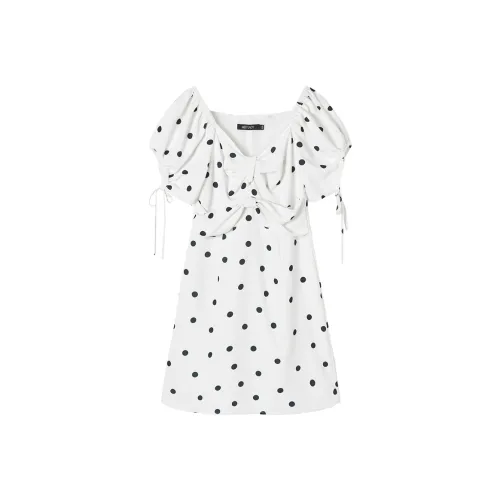MEETLADY Белое с гороховым узором женское короткое платье с рукавами