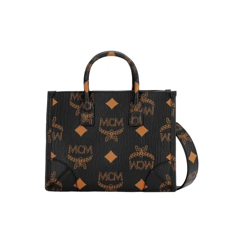 MCM VisetosMünchen Покрытый холст с кожей наппа Тоут Сумка Сумка для покупок Сумка через плечо Сумка Маленькая Унисекс Черная