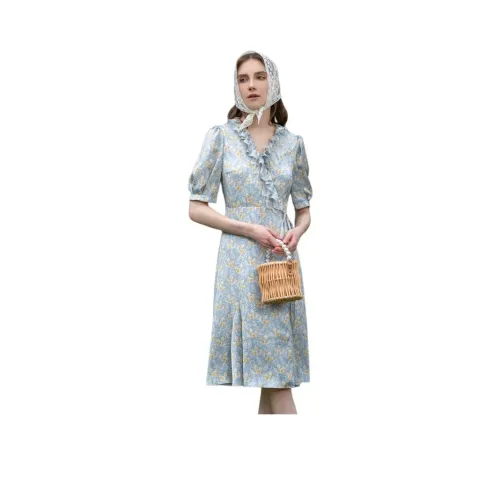 Anmani Короткий рукав Платье Женское Цветочное Синий